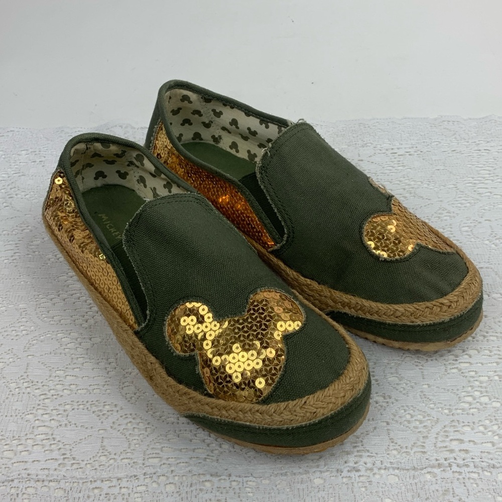 Mickey Mouse Canvas Espadrille Loafer slip on shoes Green Gold Sequins Size 10
